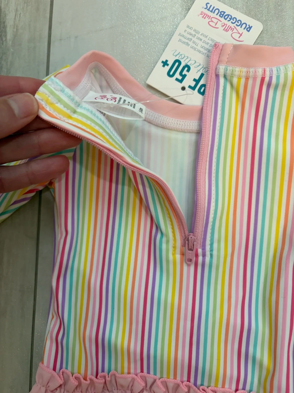 NWT RuffleButts Colorful Rainbow Stripe Long Sleeve Rash Guard Swimsuit 3-6M